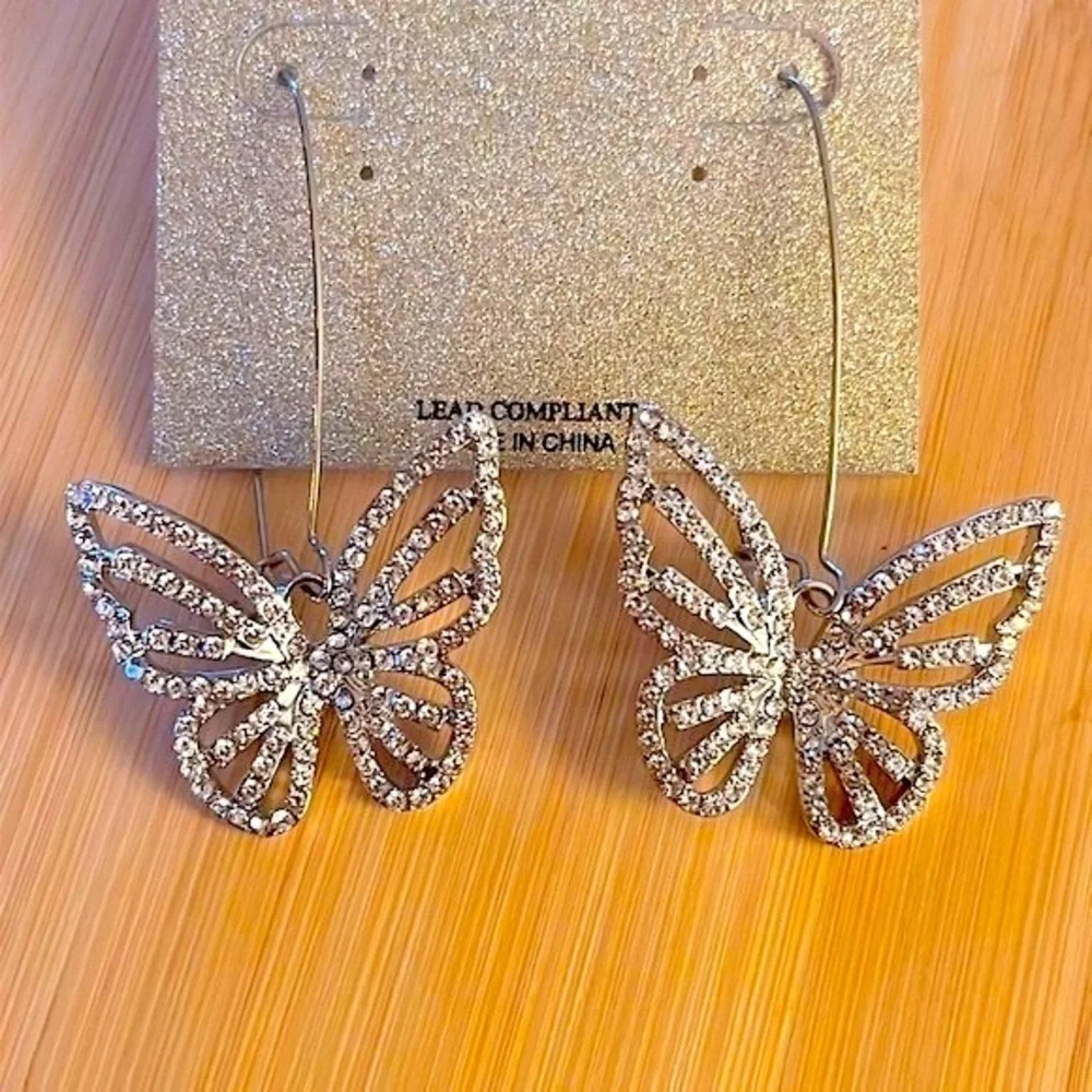 Brand New Natasha Rhinestone Butterfly Silver Tone Drop Earrings Sparkly